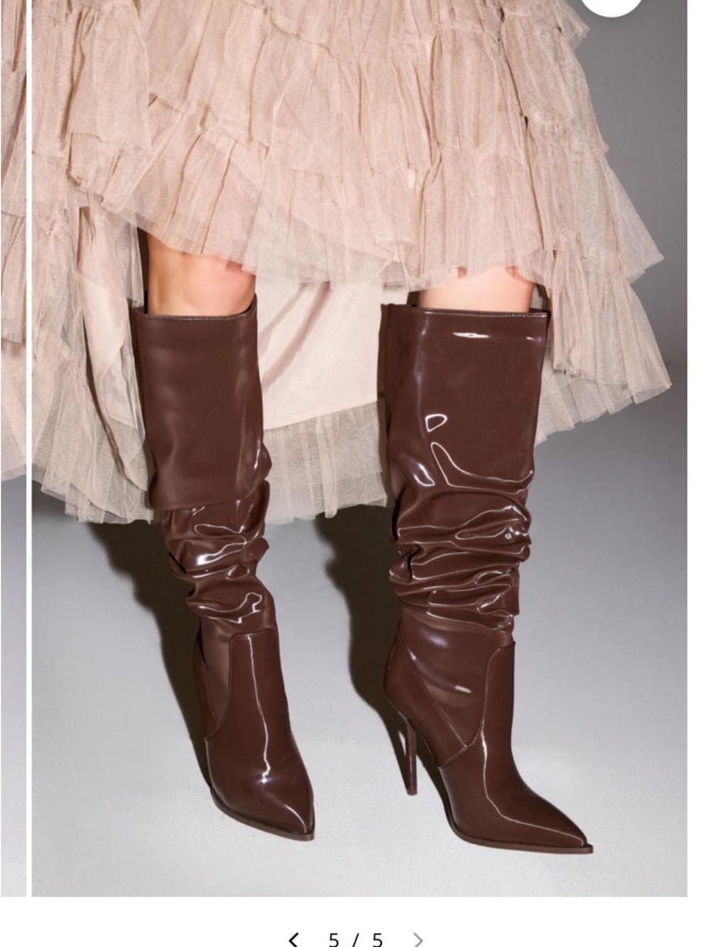 Brown Patent Slouch Stiletto Knee-High Boots